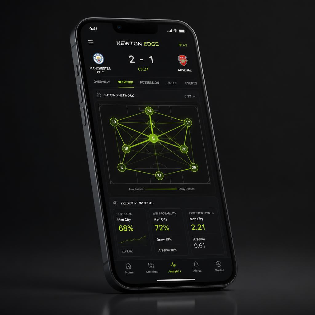 Newton Edge mobile app showing live match analytics and a passing network